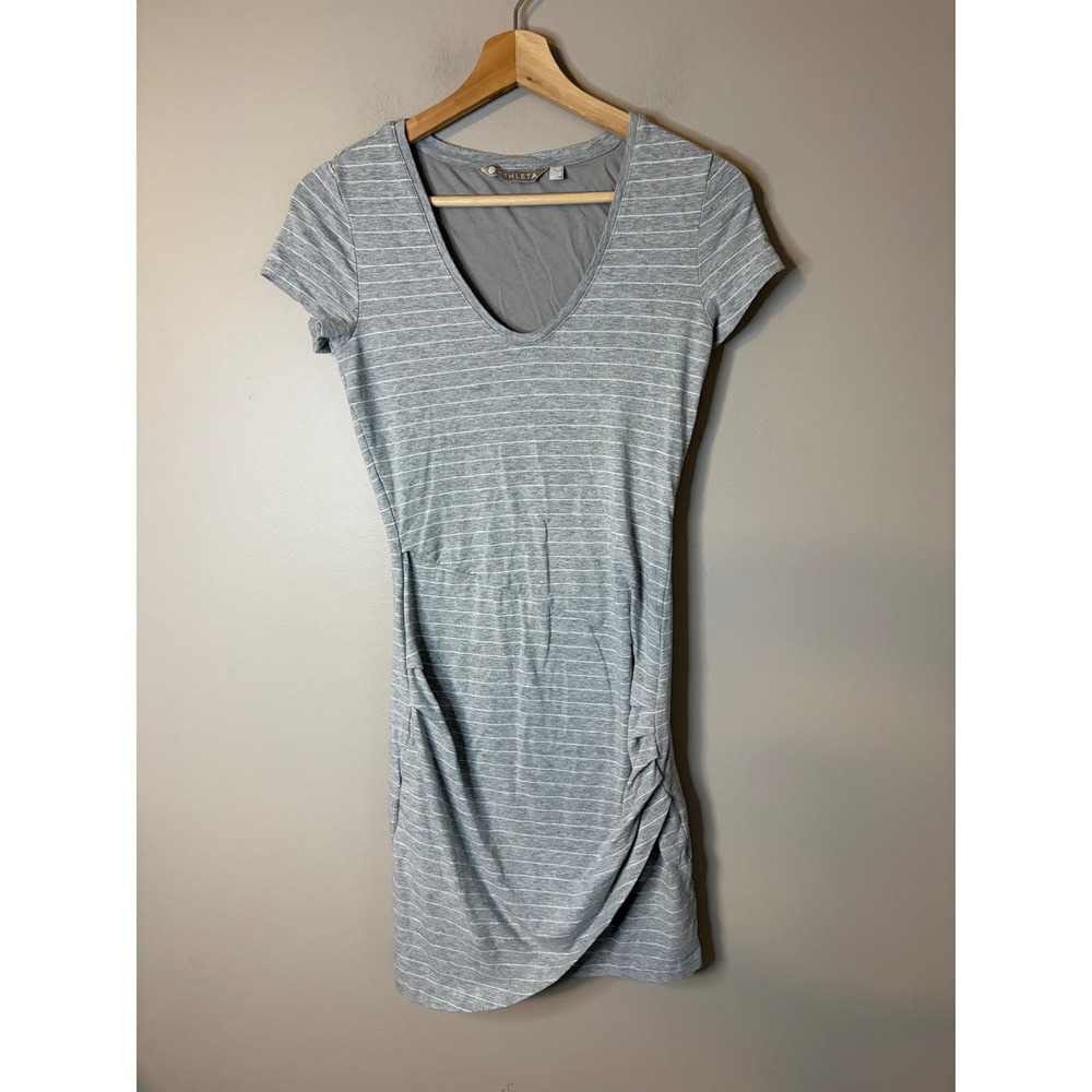 Athleta Santorin Striped Dress Women XS Gray Ruched V-Neck Short Sleeves
